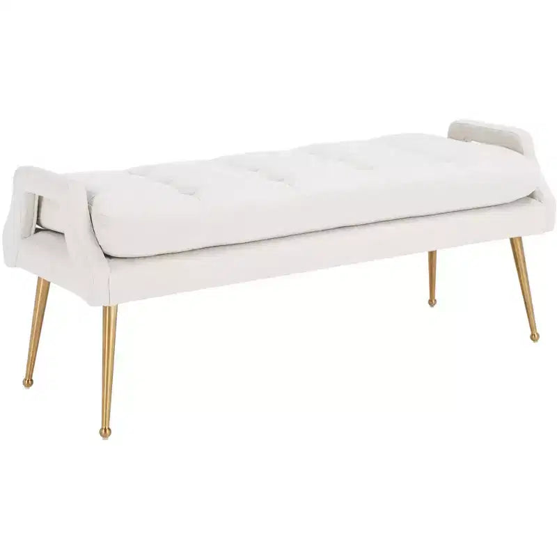 Banc rembourré avec coussin capitonné et pieds en métal doré