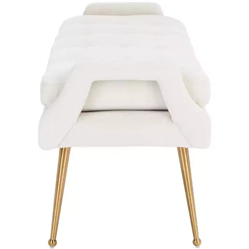 Banc rembourré avec coussin capitonné et pieds en métal doré