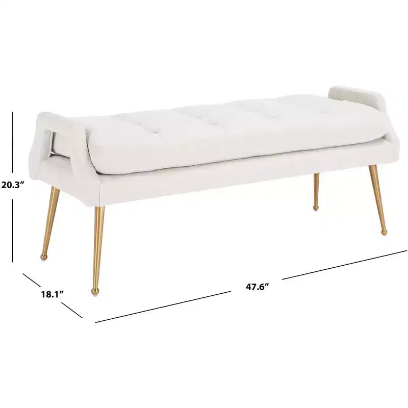 Banc rembourré avec coussin capitonné et pieds en métal doré