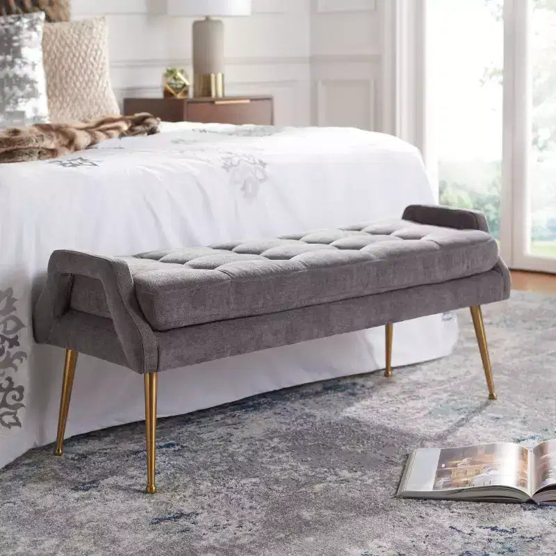 Banc rembourré avec coussin capitonné et pieds en métal doré
