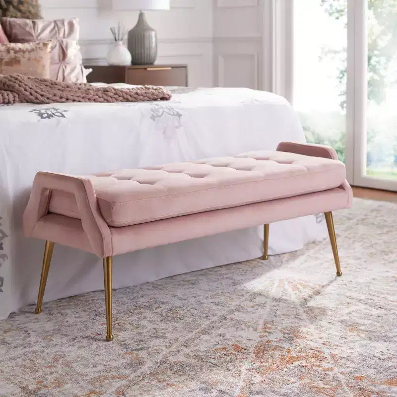 Banc rembourré avec coussin capitonné et pieds en métal doré