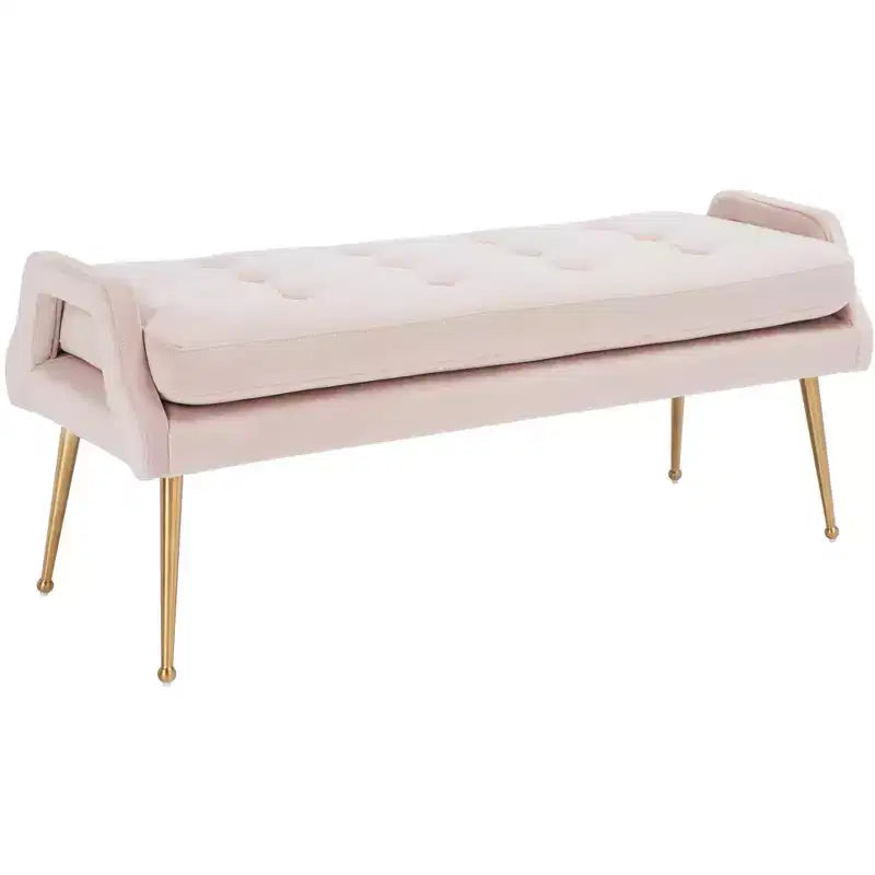 Banc rembourré avec coussin capitonné et pieds en métal doré
