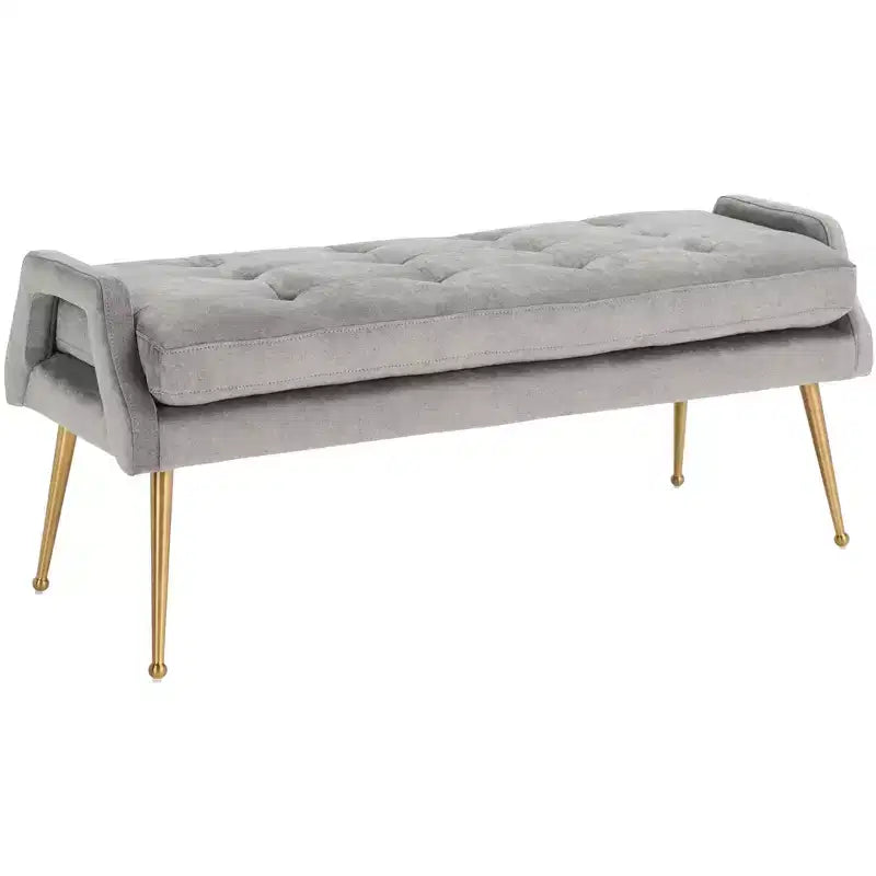Banc rembourré avec coussin capitonné et pieds en métal doré