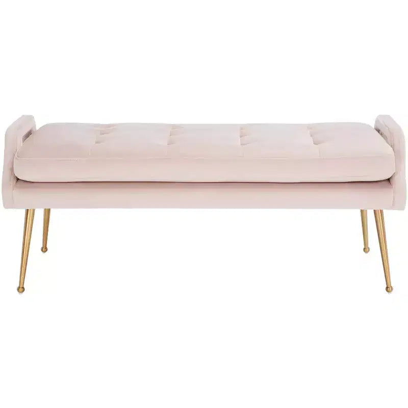 Banc rembourré avec coussin capitonné et pieds en métal doré