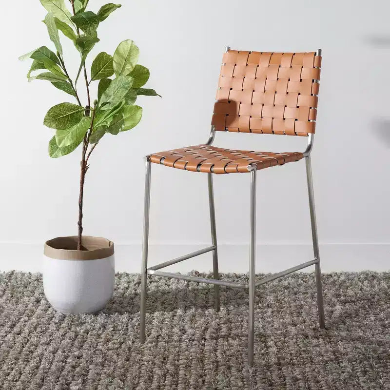 Tabouret de comptoir en cuir tressé avec structure métallique