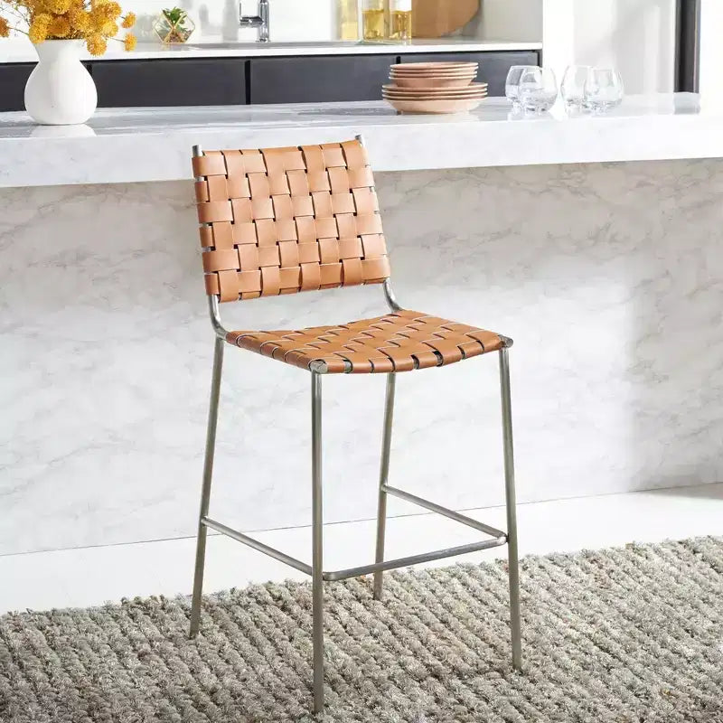 Tabouret de comptoir en cuir tressé avec structure métallique