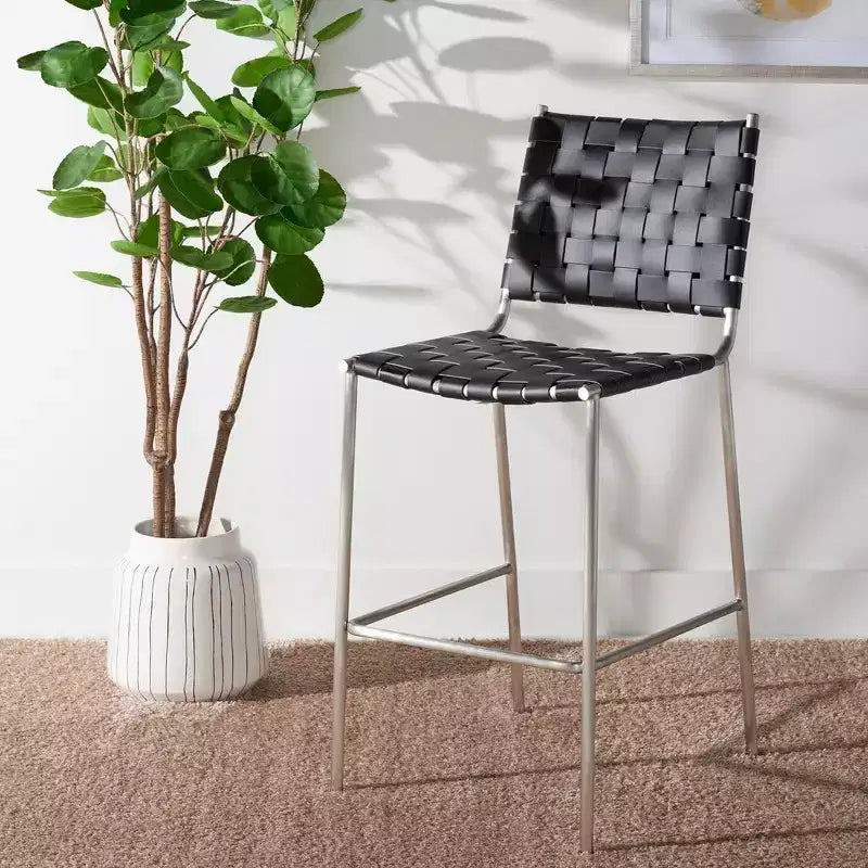 Tabouret de comptoir en cuir tressé avec structure métallique