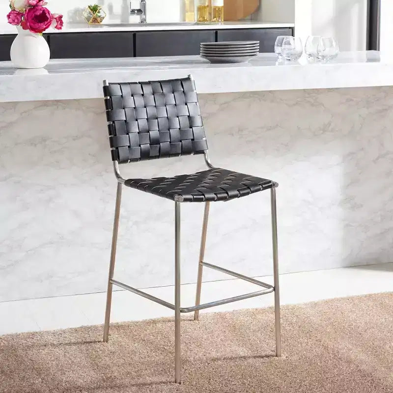 Tabouret de comptoir en cuir tressé avec structure métallique