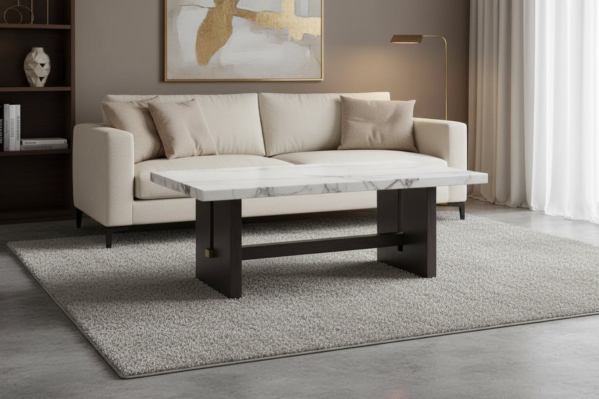 Signature Design by Ashley Burkhaus Traditional Rectangular Coffee Table with Marble Tabletop, Dark Brown & White
