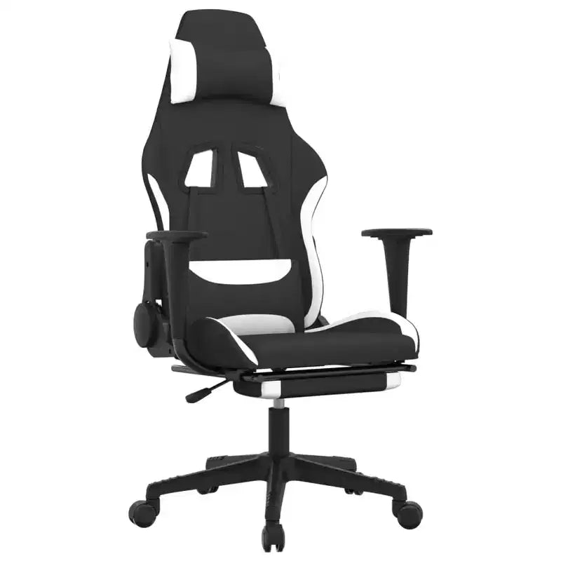 vidaXL - Adjustable Black and White Fabric Massage Gaming Chair with Footrest - Modern-Style Gaming Chair Ideal for Players