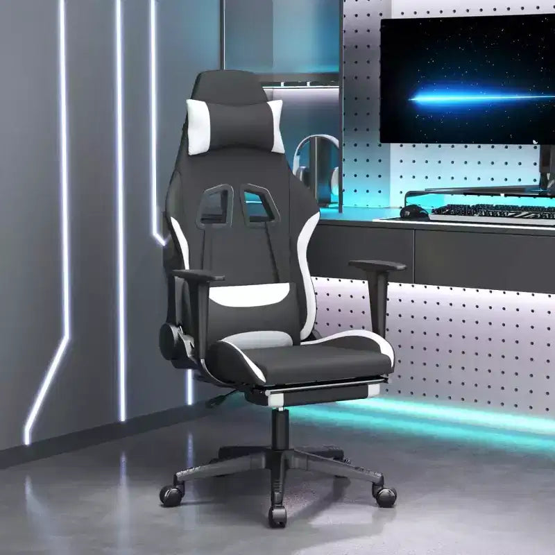 Fauteuil de massage gamer en tissu noir et blanc réglable avec repose-pieds