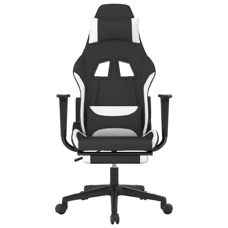 Fauteuil de massage gamer en tissu noir et blanc réglable avec repose-pieds