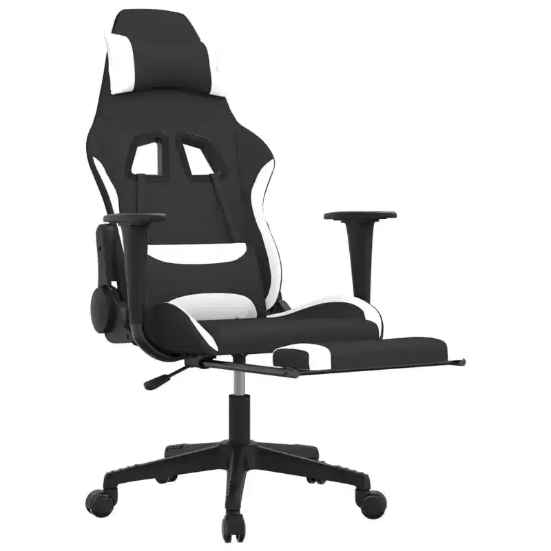 Fauteuil de massage gamer en tissu noir et blanc réglable avec repose-pieds
