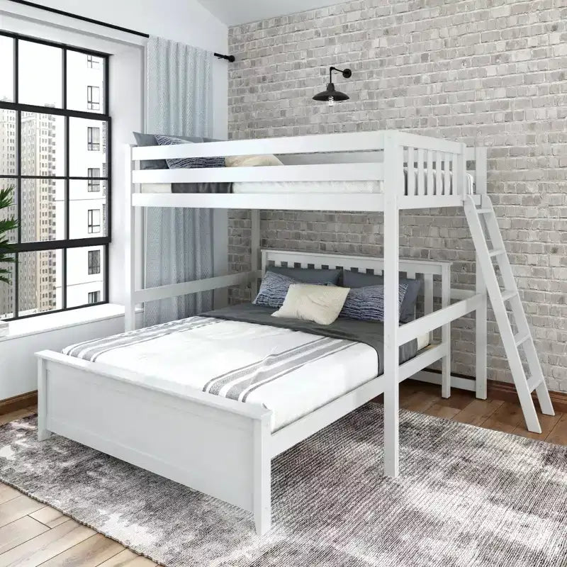 L-Shaped Full over Queen Bunk Bed with Ladder on End