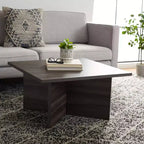 Table basse carrée en bois avec piètement en croix et plateau multicolore