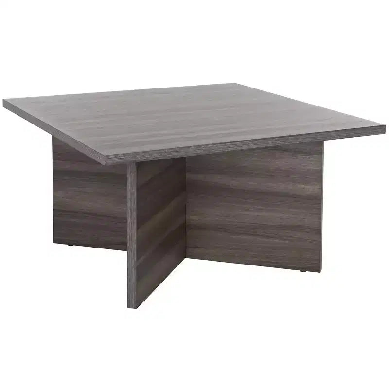 Table basse carrée en bois avec piètement en croix et plateau multicolore
