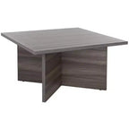 Table basse carrée en bois avec piètement en croix et plateau multicolore