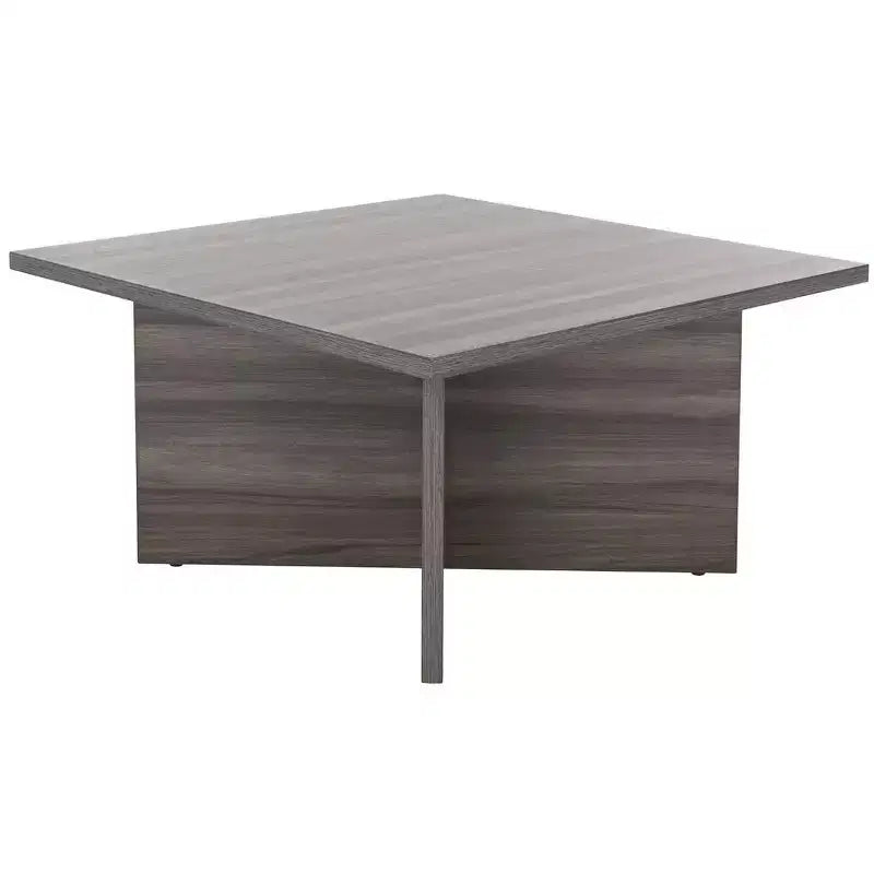 Table basse carrée en bois avec piètement en croix et plateau multicolore