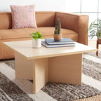 Table basse carrée en bois avec piètement en croix et plateau multicolore