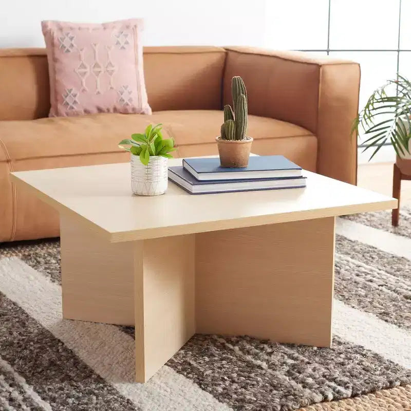 Table basse carrée en bois avec piètement en croix et plateau multicolore