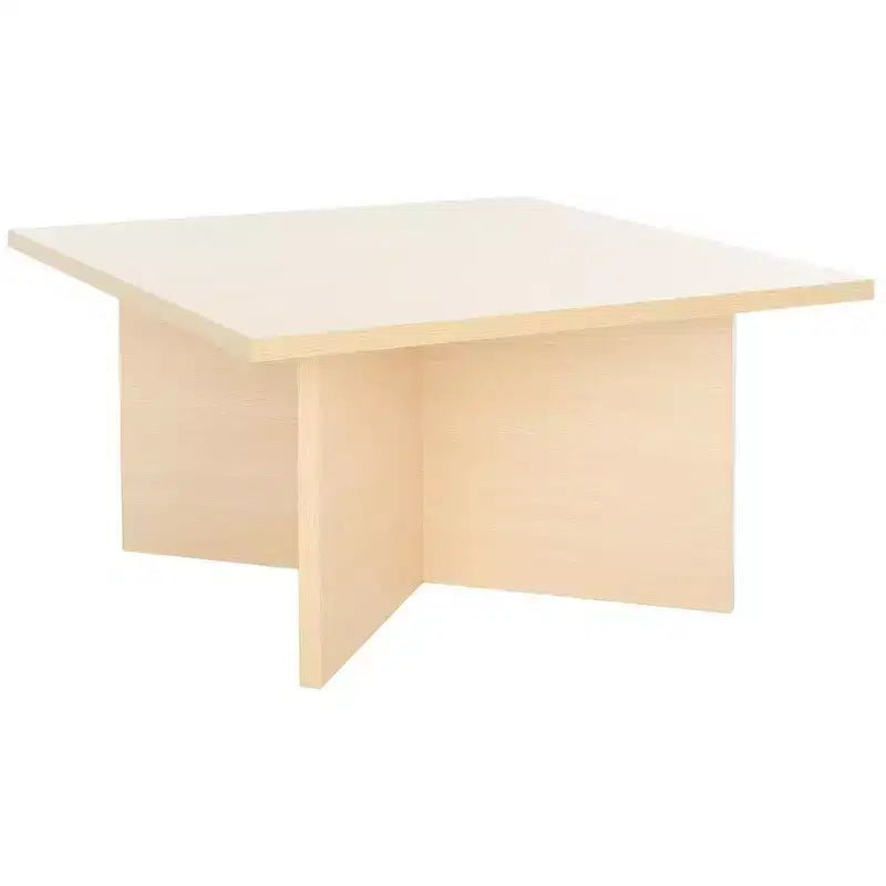 Table basse carrée en bois avec piètement en croix et plateau multicolore