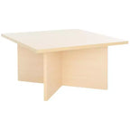 Table basse carrée en bois avec piètement en croix et plateau multicolore