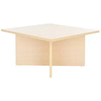 Table basse carrée en bois avec piètement en croix et plateau multicolore