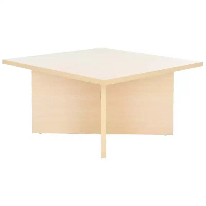 Table basse carrée en bois avec piètement en croix et plateau multicolore