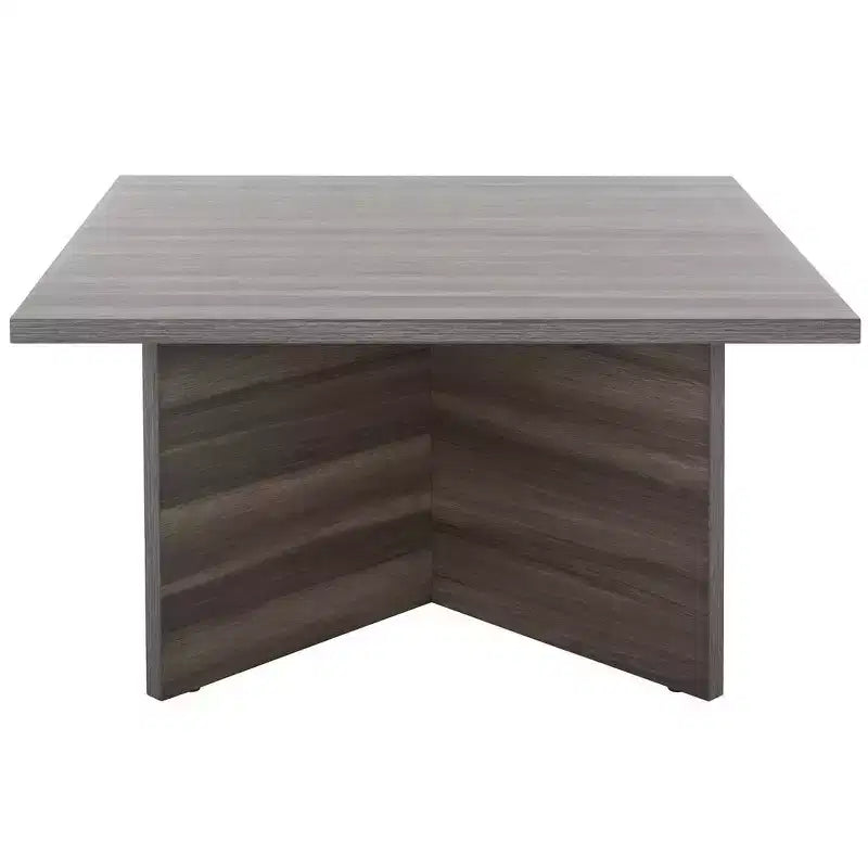 Table basse carrée en bois avec piètement en croix et plateau multicolore