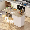 Famapy White Base Oak Table Kitchen Island With 2 Doors and 1 Drawer