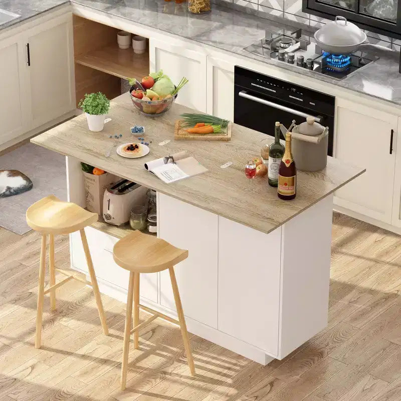 Famapy White Base Oak Table Kitchen Island With 2 Doors and 1 Drawer