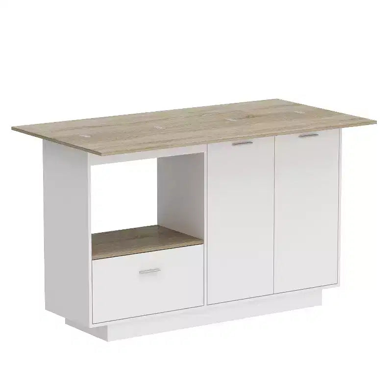 Îlot de cuisine avec plateau aspect bois, tiroirs et portes de placard