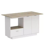 Îlot de cuisine avec plateau aspect bois, tiroirs et portes de placard
