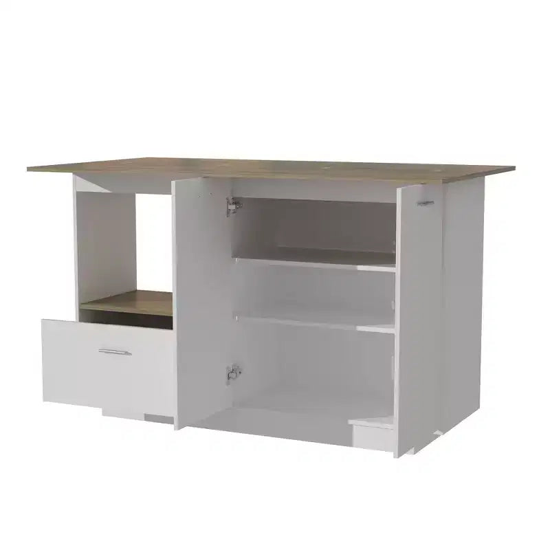 Îlot de cuisine avec plateau aspect bois, tiroirs et portes de placard