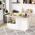 Îlot de cuisine avec plateau aspect bois, tiroirs et portes de placard