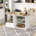 Îlot de cuisine avec plateau aspect bois, tiroirs et portes de placard