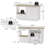 Îlot de cuisine avec plateau aspect bois, tiroirs et portes de placard