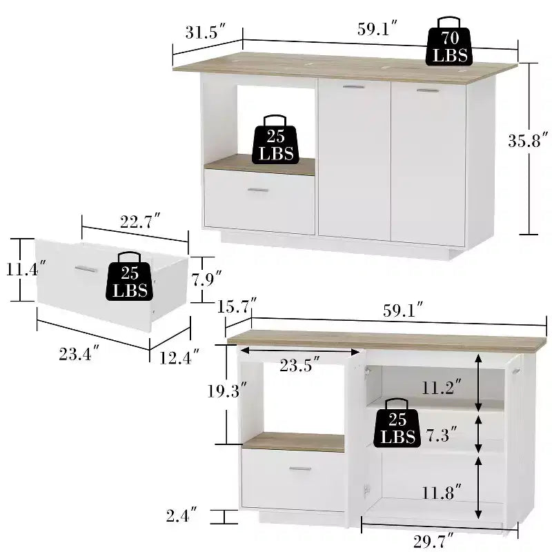 Îlot de cuisine avec plateau aspect bois, tiroirs et portes de placard