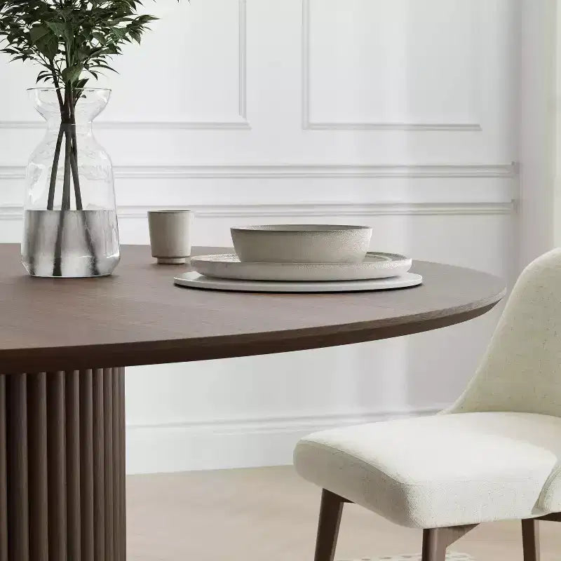 Table à manger ronde avec pied central, 4 places, finition noyer