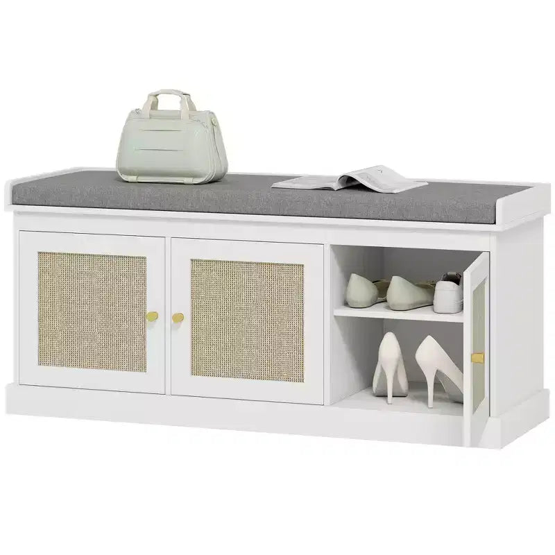 Shoe Storage Bench with Rattan Doors Cushion and Adjustable Shelves