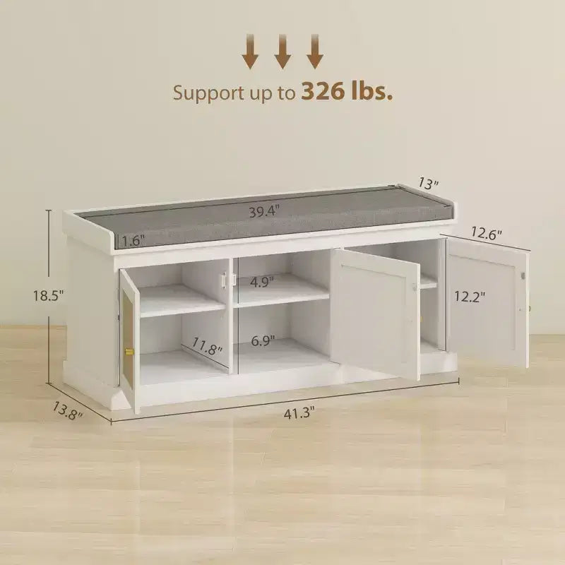 Banc de rangement pour chaussures avec portes en rotin, coussin et étagères réglables
