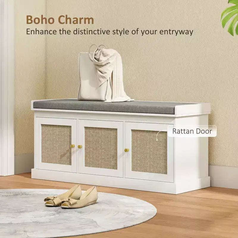 Banc de rangement pour chaussures avec portes en rotin, coussin et étagères réglables