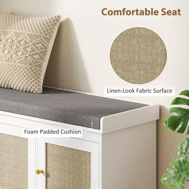 Banc de rangement pour chaussures avec portes en rotin, coussin et étagères réglables