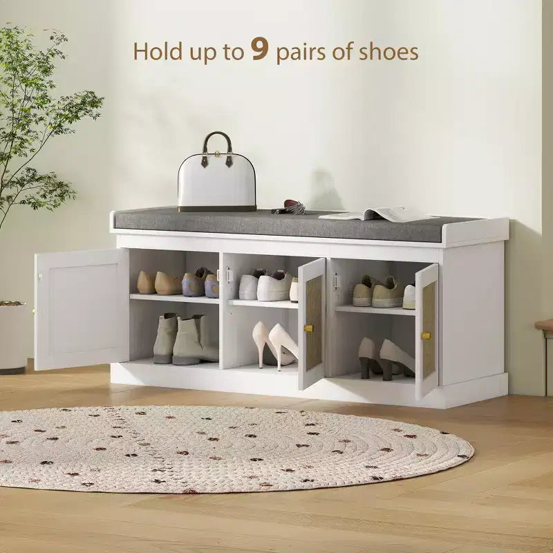 Banc de rangement pour chaussures avec portes en rotin, coussin et étagères réglables