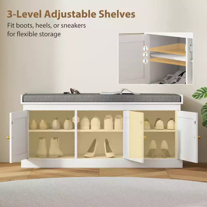 Banc de rangement pour chaussures avec portes en rotin, coussin et étagères réglables