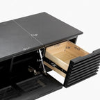 Meuble TV minimaliste avec tiroirs, console multimédia en bois massif avec placards, porte abattante, placage noyer, entièrement assemblé