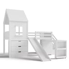 Lit mezzanine simple avec 3 tiroirs et escalier de rangement, structure cabane en bois avec toboggan et bureau amovible