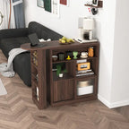 Meuble Bar Moderne avec Plateau Rotatif, Meuble de Salle à Manger Hauteur Comptoir avec 6 Espaces de Rangement et 2 Portes en Verre Nervuré