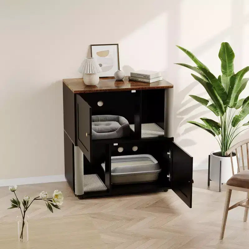 Meuble cache-litière double avec poteaux à griffer et tapis de litière à double couche pour animaux de compagnie d'intérieur