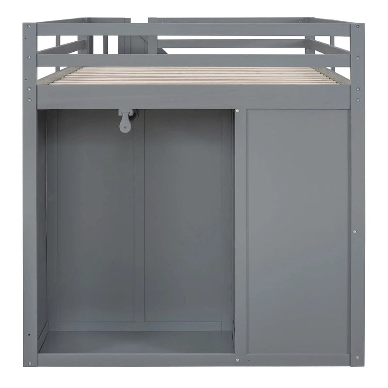 Lit mezzanine en bois gris, taille standard, avec penderies, tiroirs et escalier de rangement